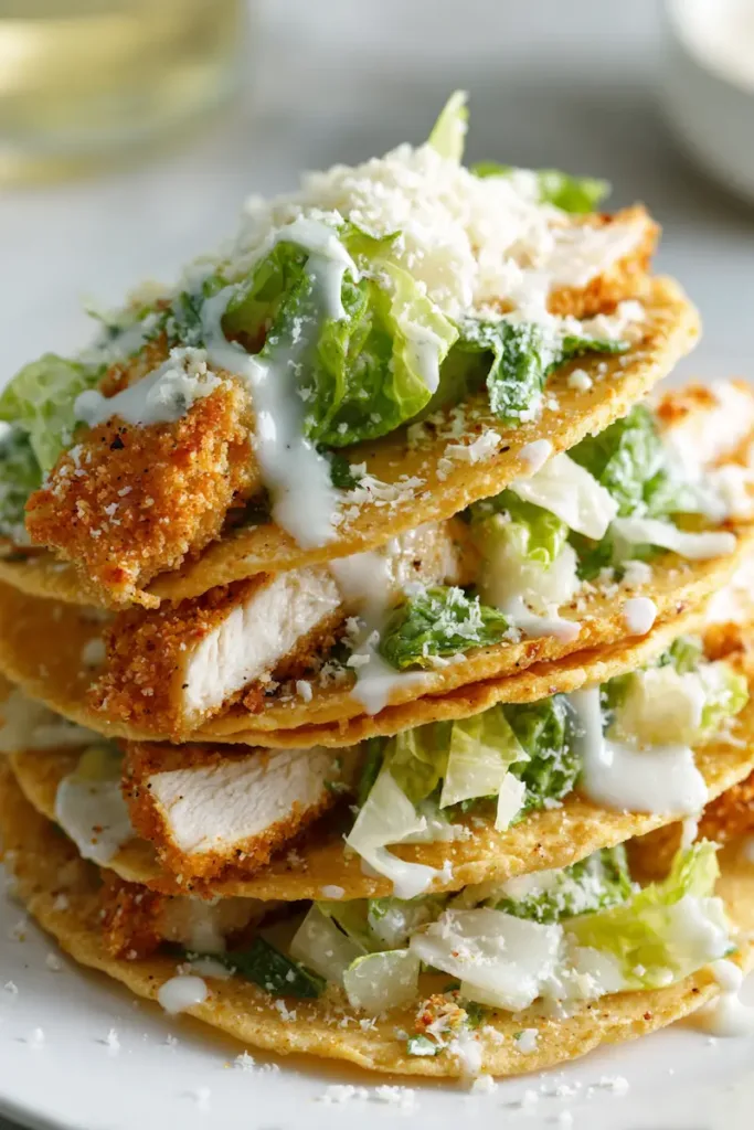 Crispy Chicken Caesar Smash Tacos topped with romaine lettuce, Caesar dressing, Parmesan cheese, and crushed croutons on a white plate.
