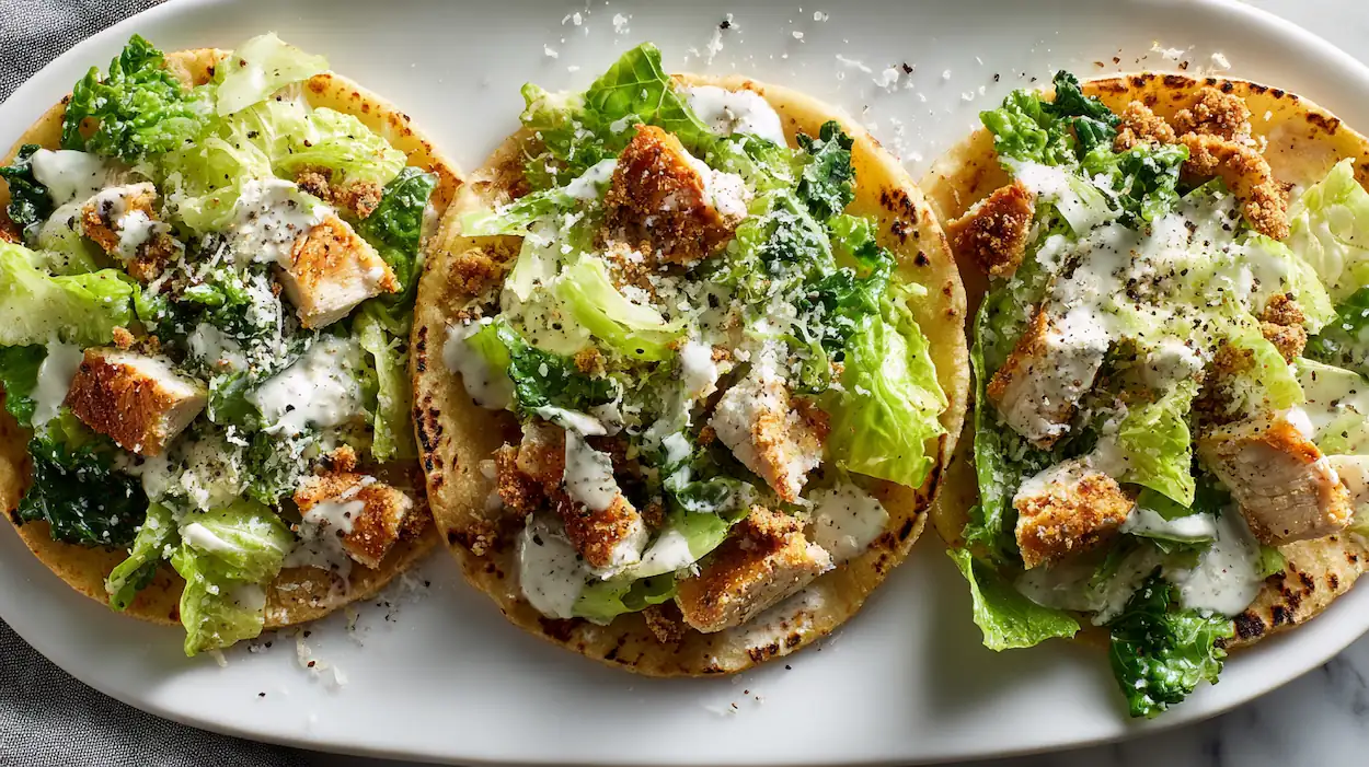 Chicken Caesar Smash Tacos with crispy tortillas, romaine lettuce, Caesar dressing, Parmesan, and crushed croutons