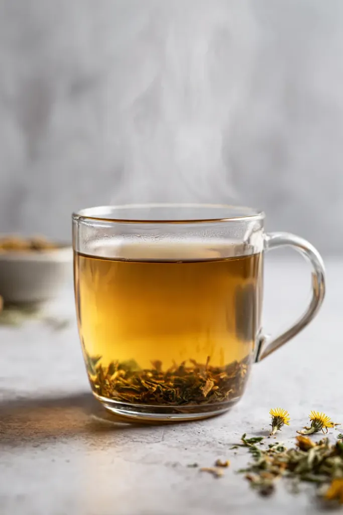 Close-up of steaming dandelion tea with dried dandelion and optional lemon and honey in a clean modern kitchen.