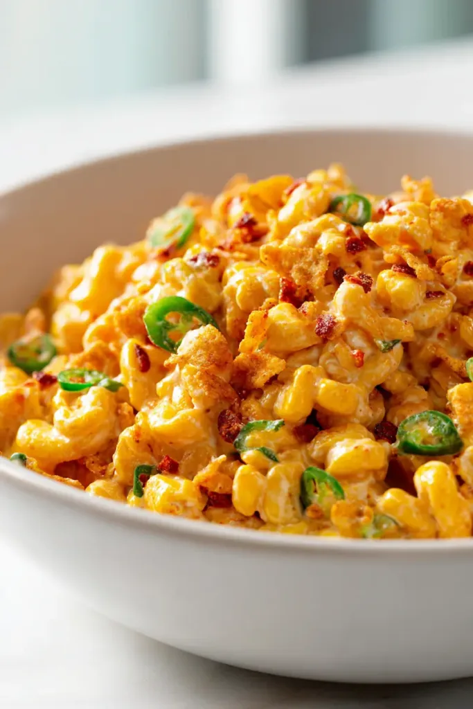 Close-up of creamy Fritos Chili Cheese Corn Salad with crunchy chili cheese corn chips and melted cheddar texture.