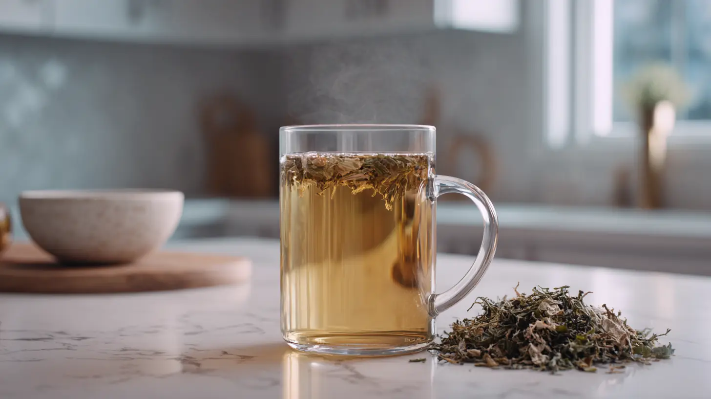 : Warm dandelion tea in a simple mug with dried dandelion nearby in a bright modern American kitchen.