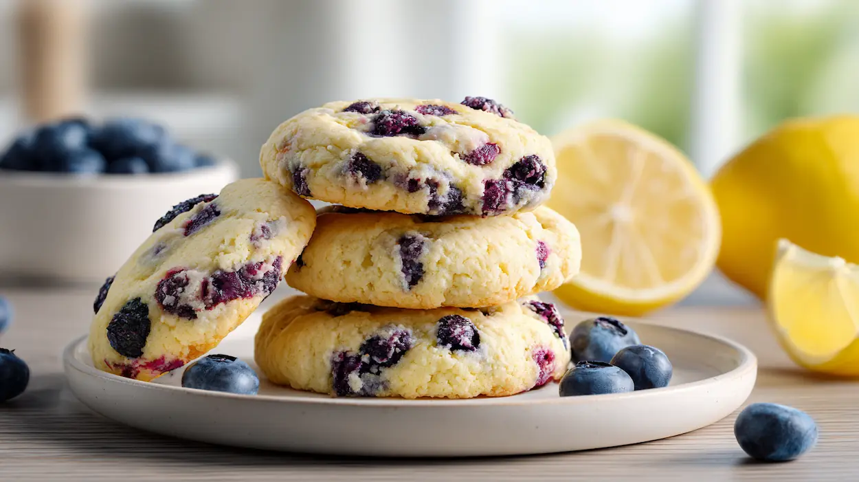 Easy Lemon Blueberry Cookies beautifully plated in a bright modern American kitchen with soft white lighting.