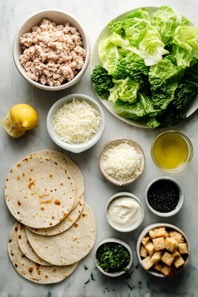Ingredients for Chicken Caesar Smash Tacos including ground chicken, tortillas, romaine, Caesar dressing, Parmesan, and lemon