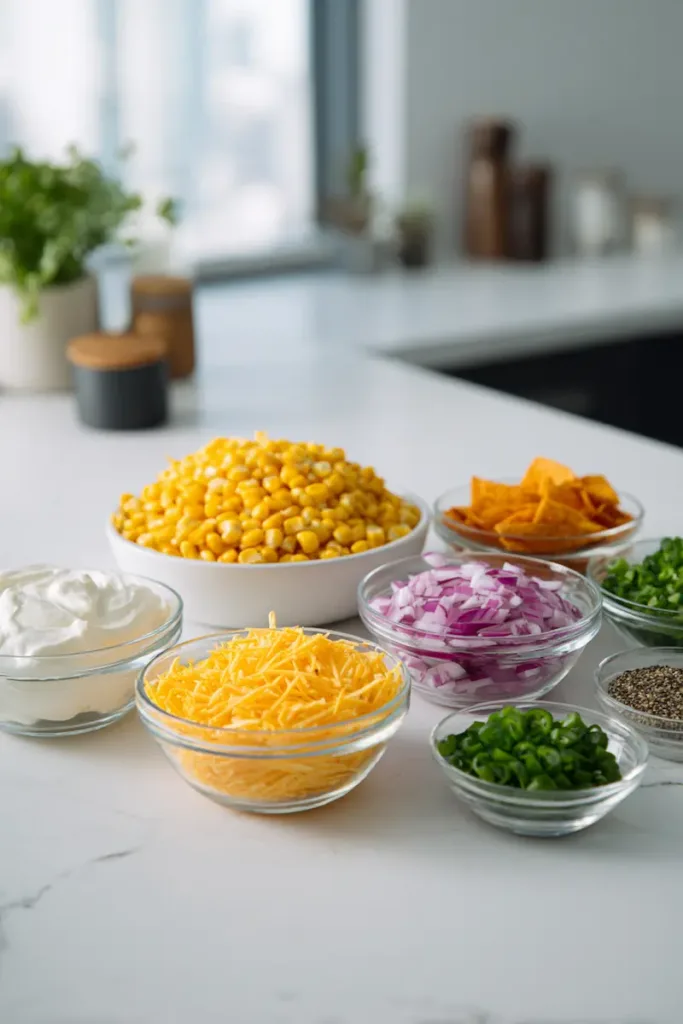 Ingredients for Fritos Chili Cheese Corn Salad including corn, Mexicorn, cheddar cheese, mayonnaise, sour cream, red onion, jalapeño, and Chili Cheese Fritos.