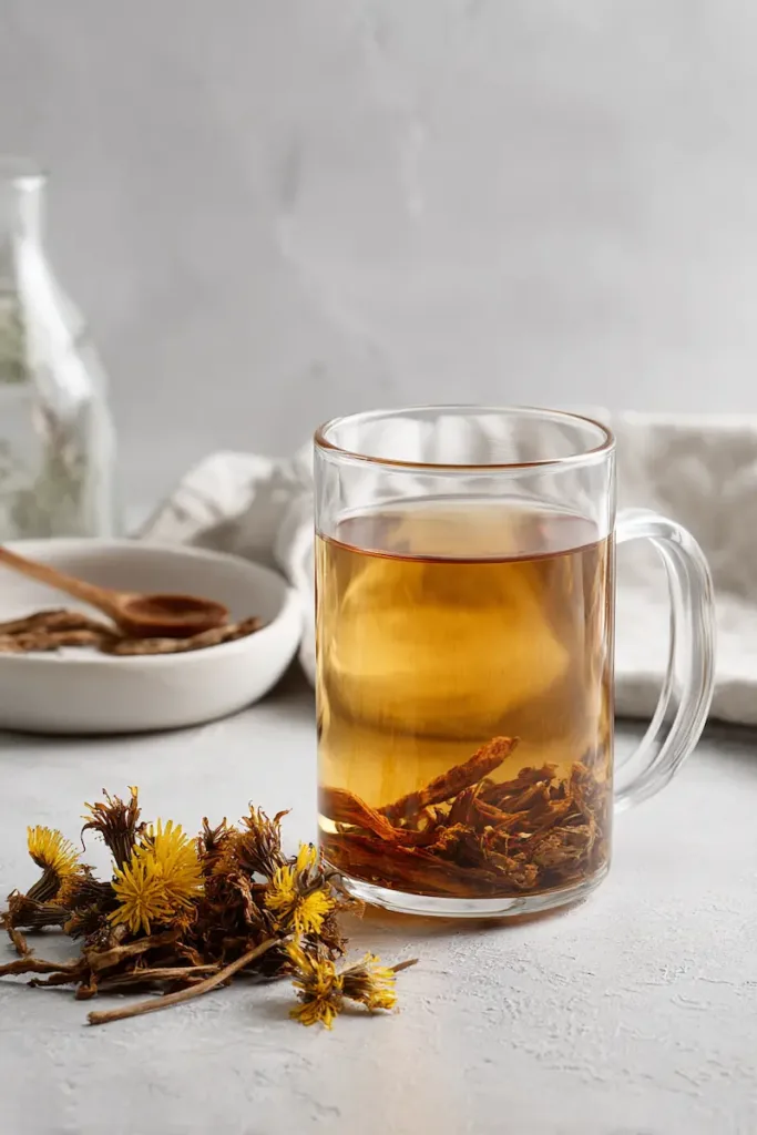 Dried dandelion root, leaves or flowers, hot water, honey, lemon, cinnamon, ginger, and mint arranged for dandelion tea.